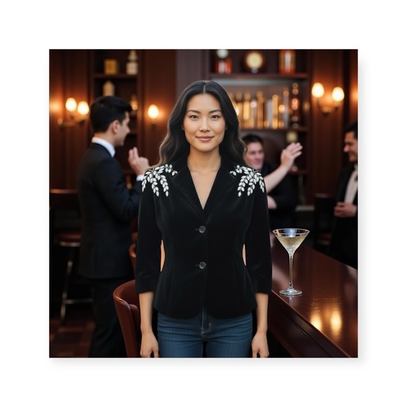 Vintage 50’s: Bernetti ❁ Mother of Pearl Embellish Peplum Velvet Jacket ❁ Black - Picture 15 of 16